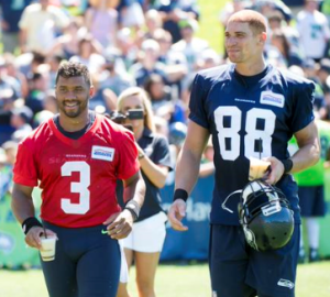 Russell Wilson and Jimmy Graham after practice (Seahawks via Twitter)